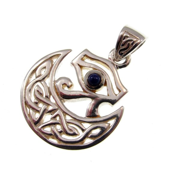 Solid 925 Sterling Silver Eye of RA / Horus Pendant & Celtic Half Moon w/ Lapis - Picture 4 of 5